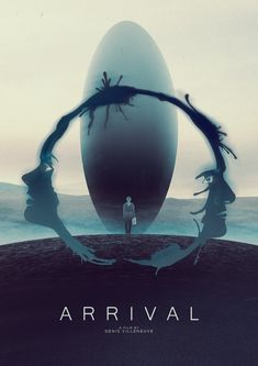 a man standing in front of an egg surrounded by two dead trees and the words arrival