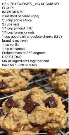 cookies cooling on a rack with chocolate chips in the middle and text overlay that reads healthy cookies - no sugar nd