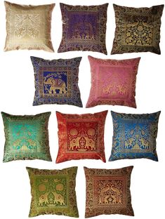 six different colored pillows with elephants on them