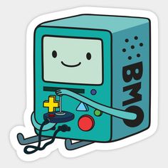 a sticker with an image of a gameboy holding a controller and plugged in