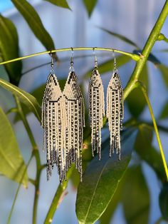 Hand beaded Striper earrings available in small $95 Beaded Fringe Dangle Earrings, Silver Jewelry With Beaded Fringe And Round Beads, Elegant Jewelry With Fringe And Round Beads, Elegant Tassel Earrings With Beaded Fringe, Elegant Fringe Jewelry With Round Beads, Silver Jewelry With Fringe And Round Beads, Elegant Beaded Fringe Drop Earrings, Silver Fringe Beaded Earrings For Gift, Elegant Beaded Fringe Dangle Chandelier Earrings