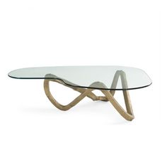 an oval glass table with wooden legs and a metal frame on the bottom, against a white background