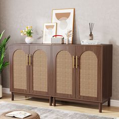 a sideboard with wicker doors in a living room next to a potted plant