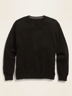 "Online exclusive! Rib-knit V-neck.  Long sleeves, with rib-knit cuffs.  Rib-knit hem.  Soft, medium-weight 100% cotton yarn.  Relaxed fit through body.  Boys uniform V-neck sweater hits below waist.  cotton 100%" Winter Relaxed Fit V-neck Sweater, Relaxed Fit V-neck Sweater For Winter, Casual V-neck Sweater With Ribbed Cuffs, Classic Relaxed Fit Long Sleeve V-neck Sweater, Classic Long Sleeve V-neck Sweater With Relaxed Fit, Relaxed Fit V-neck Sweater With Ribbed Cuffs, Casual Black V-neck Sweater, Classic V-neck Top With Ribbed Cuffs, Black Cotton V-neck Sweater