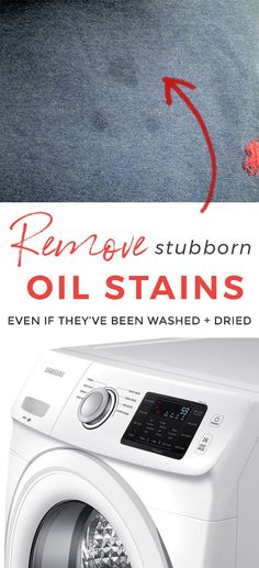 an old washing machine with the words remove stubborn oil stains even if they've been washed and dried