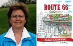 a woman standing in front of a route 66 sign next to an adult coloring book