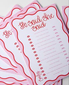 pink and red wedding stationery with handwritten text on the front, back and sides