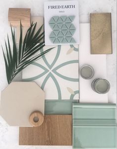 Green Design Palette Fired Earth Tiles Bathroom, Bathroom Tile Feature Wall Ideas, Coastal Boho Mood Board, Materials Board Interior Design Bedroom, On Trend Bathrooms, Bathroom Design Palette, Costal Boho Interior Design, Coastal Inspired Bathroom, Coastal Mood Board Interior Design