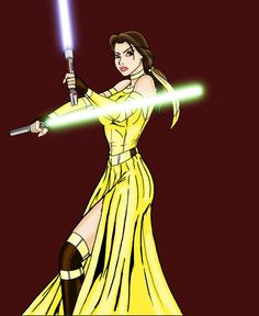 a woman in yellow dress holding a light saber