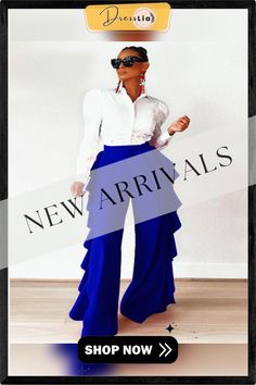 Chic Vintage Ruffles High Waist Wide Leg Pants Ruffled Bottoms For Night Out In Fall, Ruffled Wide Leg Trousers For Spring, Spring Workwear Bottoms With Ruffles, Blue Ruffled Bottoms For Fall, Blue Ruffled Bottoms For Party, Chic Summer Wide Leg Pants With Ruffles, Chic Ruffled Pants For Workwear, Elegant High Waist Ruffled Bottoms, Ruffled Party Pants