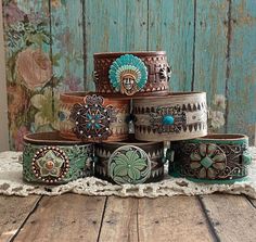 Southwestern Style Turquoise Flower Concho Brown Leather Cuff - Etsy Popular Accessories, Leather Cuff Bracelet, Leather Cuff Bracelets, Leather Bracelets, Leather Cuff Bracelet Diy, Leather Accessories Diy, Cuff Bracelets Diy, Turquoise Wrap Bracelet, Leather Wrist Cuff