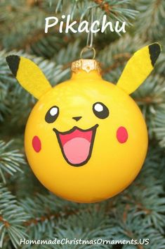 a pokemon ornament hanging from a christmas tree with the words pikachu on it