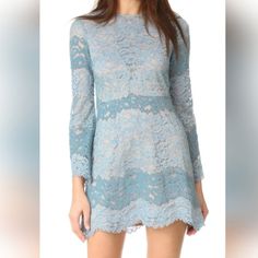 Adorable Bell-Sleeve Lace Mini Dress From Wayf In Size Xs. Shades Of Blue Lace Over A Nude Lining Throughout The Fit And Flare Body Of The Dress With A Slight Scalloped Hemline. Brand New With Tags! Style: Dreamlover Color: Blue Approximate Measurements: Ptp - 16-17 In. Waist - 13.5-14 In. Length - 31.5-32.5 In. (From Center Back) Sleeve Length - 23-24.25 In. (From Shoulder To Scalloped Lace Bell Sleeve) Light Blue Long Sleeve Mini Dress For Date Night, Feminine Blue Dress For Fall, White Bachelorette Party Dress, After 5 Dresses, White Bodycon Mini Dress, Blue Lace Mini Dress, White Fitted Dress, Summer Wedding Dress Beach, Bachelorette Party Dress