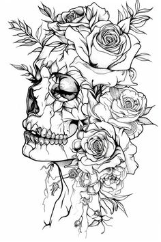 a black and white drawing of a skull with roses on it's head,