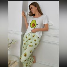 Two Piece Short Sleeve Lounge Pant Elastic Waist Avocado Print Light Weight 95% Polyester 5% Elastane Machine Washable New In Bag Smoke Free Home Nursing Pajama Set, Lake Pajamas, Avocado Print, Satin Pajama Pants, Nursing Pajamas, Silky Pajamas, Satin Romper, Cute Avocado, Black Lace Shorts