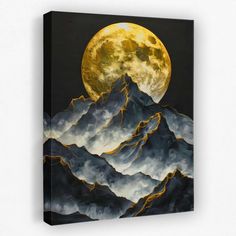 a painting of a mountain with a full moon in the background Moon Mountain Painting, Mountain Range Painting, Rugged Mountains, Mountain Artwork, Golden Moon, Mountain Painting, Moon Wall Art, Moon Painting, Frozen In Time