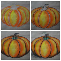 four different pictures of pumpkins with colored pencils on paper, one is orange and the other is yellow