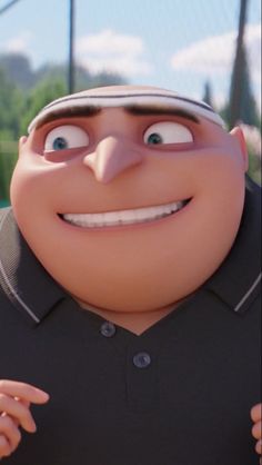 an animated character is smiling and holding his hand out in front of him, while wearing a black polo shirt