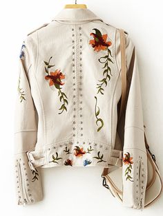 Fall Beige Outerwear With Floral Embroidery, Beige Floral Embroidered Outerwear For Fall, Embroidered Long Sleeve Biker Jacket For Fall, Beige Biker Jacket With Zipper For Spring, Trendy Embroidered Leather Jacket For Fall, Embroidered Leather Jacket With Long Sleeves For Spring, Casual Embroidered Leather Jacket For Spring, Embroidered Leather Jacket For Fall, Embroidered Long Sleeve Biker Jacket For Spring