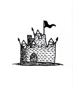 a black and white drawing of a castle with two flags on it's roof