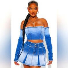 Pretty Girl Only Fashion Nova Skirt Set Trendy Blue Mini Denim Skirt, Blue Denim Skirt For Fall, Trendy Fitted Denim Blue Denim Skirt, Denim Skirt For Fall In Blue, Fall Blue Denim Skirt, Trendy Blue Denim Skirt, Trendy Fitted Denim Skirt, Trendy Blue Mini Length Denim Top, Trendy Blue Denim Mini Length Top