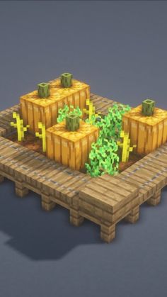 a bunch of boxes sitting on top of a wooden platform with plants growing out of them