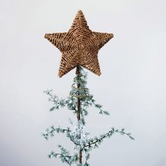 a wicker star on top of a christmas tree with pine needles and snow flakes