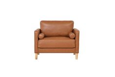 a brown leather chair with wooden legs and armrests on an isolated white background