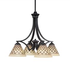 a chandelier with three lights hanging from it's center and four shades on the