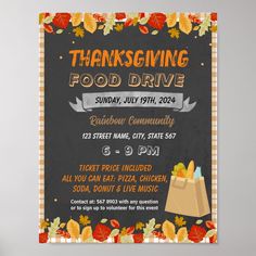 a thanksgiving food drive flyer with an image of a paper bag full of vegetables and turkeys