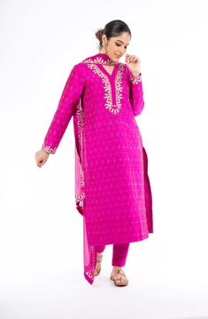 Extra-ordinary Magenta Color Handloom Ikkat and Raw Silk Salwar Kameez – Panache Haute Couture Pink Churidar With Gota Work, Unstitched Cotton Silk Suit With Cutdana, Transitional Chanderi Churidar, Designer Wear Unstitched Suit With Gota Work, Transitional Season Unstitched Suit With Dupatta, Festive Salwar Kameez With Gota Work And Long Sleeves, Festive Long Sleeve Salwar Kameez With Gota Work, Transitional Season Unstitched Art Silk Suit, Transitional Season Art Silk Unstitched Suit