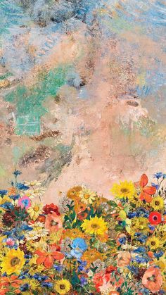 an abstract painting with colorful flowers in the foreground and a blue sky above it