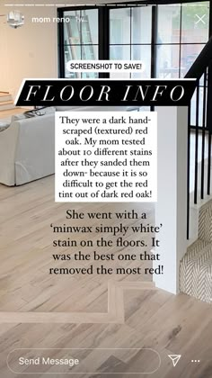 an advertisement for a floor covering company in the middle of a room with wood floors