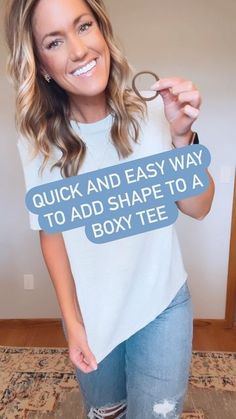 a woman holding a pair of scissors in her hand and the words quick and easy way to add shape to a box tee