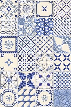 blue and white patterns with different shapes