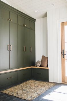 a room with green cupboards and a rug on the floor in front of it