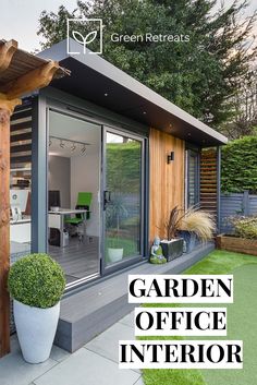 a garden office with the words garden office interior on it's front lawn area