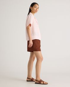 Say hi to relaxed, laidback luxe. Throw on this collared short sleeve with anything to level up a day-to-day fit. The boxy cut will pair with our linen shorts or pants to create your dream resort-life look. Our linen is made from 100% European flax, which is more sustainable and less resource-intensive to grow. Linen is the ultimate year-round fabric because it's breathable and naturally heat-regulating.  | Quince | Women's 100% European Linen Short Sleeve Shirt in Pale Pink, Size XL Dreams Resorts, Linen Short, European Linens, Linen Shorts, Linen Women, Say Hi, Quince, Short Sleeve Blouse, Level Up