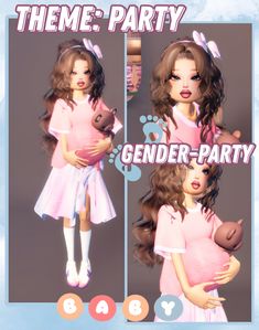 the girl is holding a teddy bear in her arms and wearing a pink dress that says, theme party gender - party