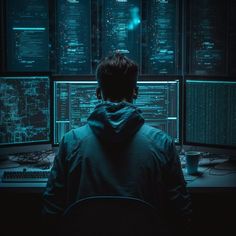 a man sitting at a computer desk in front of two monitors with data on them