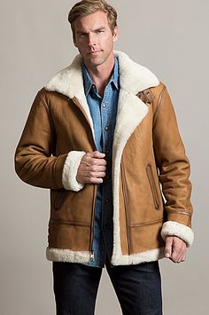 Wear the best bomber in this updated design of the classic B-3 aviator jacket with Spanish Merino shearling and smooth antiqued suede. Free shipping + returns. Aviator Jacket, Rugged Men, Sheepskin Jacket, Sheepskin Coat, Aviator Jackets, Cloth Bags, Mens Jackets, Puffer, Bomber Jacket