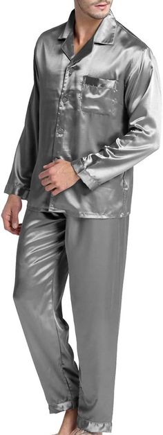 Experience ultimate comfort and sophistication in our Men's Satin Button Front Pajamas Set. The luxurious satin fabric and button front design exude style and class, while the relaxed fit and soft feel provide unparalleled comfort. Elevate your bedtime routine with these pajamas. 100% Polyester Care instructions Do Not Bleach, Hand Wash Only High Quality Satin Poly Men's Pajama Set Nicely tailored Satin Pajama Set with one front pocket on chest Satin Finish Long Sleeve Sleepwear For Night, Solid Satin Finish Sleepwear For Loungewear, Satin Pajama Set, Satin Pajama, Mens Pajamas Set, Winter Knit Hats, Satin Pyjama Set, Purple Satin, Bedtime Routine