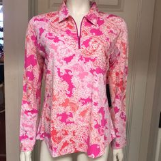 Great Golf/Tennis/Athleisure 1/4 Zip Long-Sleeved Top By Ibkul! In A Lively Floral/Paisley Pattern, Ibkul Fabrics Have Icefil Technology Which Keeps You Cool, Comfortable And Odor Free Under Strenuous Conditions. Mesh Inner Sleeves Provide Additional Ventilation. Upf 50+ Too! Size Extra Small (Armpit To Armpit: 17.5” Length: 23.5”) And Size Large (Pit To Pit: 21” Length: 26”) Available. New With Tags! Pink Moisture-wicking Golf Top, Spring Sports Half-zip Top, Spring Half-zip Sports Top, Spring Tennis Athleisure Tops, Spring Athleisure Tennis Tops, Pink Half-zip Top For Spring, Athleisure Long Sleeve Tops For Golf, Tennis Athleisure, Mock Neck Shirt