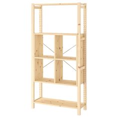 a wooden shelving unit with four shelves