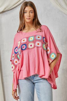 Savanna Jane Granny Square Embroidery Top in Pink Shirts & Tops Savanna Jane Square Embroidery, Umgee Clothing, Poncho Style Top, Thml Clothing, Umgee Dress, Umgee Tops, Embroidery Top, Short Cardigan, Poncho Style