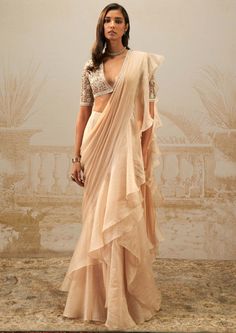 Ridhi Mehra-Sneh Beige Ruffle Sari And Blouse-INDIASPOPUP.COM Western Sari, Roka Outfits, Simple Sari, Pre Draped Saree, Saree Gowns, Sari Lehenga, Goa Wedding, Dhoti Saree, Cotton Sarees Handloom