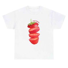 This 100% cotton Strawberry Stay Sweet T-shirt is a must-have for any fashion-forward individual. Its funny graphic design adds a touch of humor to your outfit, making it the perfect trendy top. Stay sweet and stylish with this delightful t-shirt. Cute Funny Print T-shirt For Streetwear, Cute T-shirt With Funny Print For Streetwear, Trendy Cotton T-shirt With Funny Print, Novelty Screen Print T-shirt For Summer, Summer Funny Print T-shirt In Ring-spun Cotton, Summer T-shirt With Funny Print In Ring-spun Cotton, Novelty T-shirt With Screen Print For Summer, Summer Tops With Funny Print In Ring-spun Cotton, Funny Print Ring-spun Cotton T-shirt For Summer