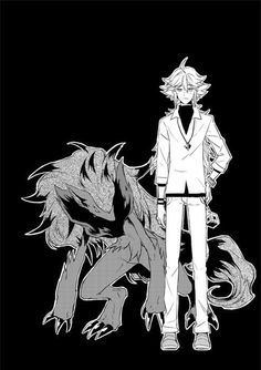 an anime character standing in front of a black and white background with his hands on his hips