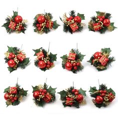 twelve christmas wreaths with holly and red balls