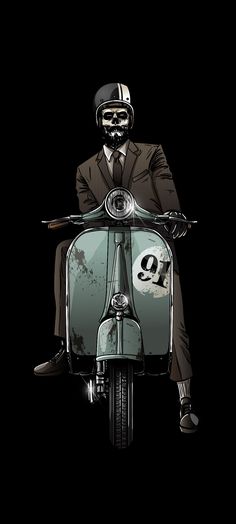 a man in a suit and tie sitting on a motor scooter wearing a skull mask